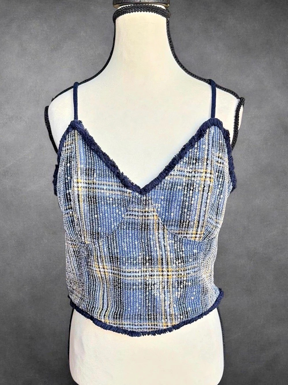 Miss Me Sequin Plaid Bustier Corset Crop Top Navy - Size Large